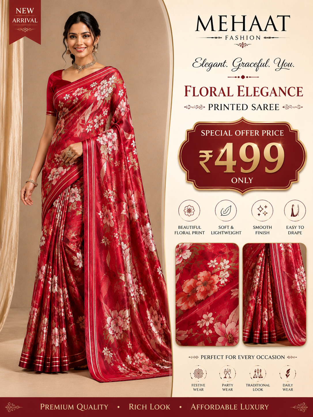 Designer Floral Satin Saree with Zari Stripes