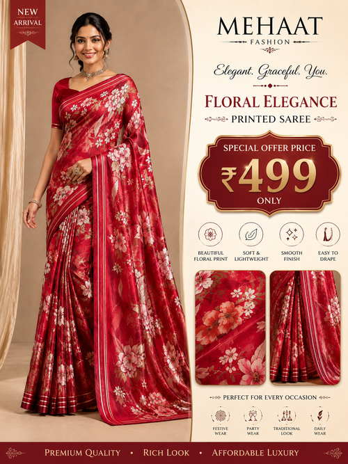Designer Floral Satin Saree with Zari Stripes