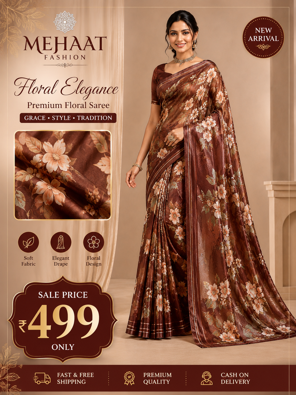 Designer Floral Satin Saree with Zari Stripes