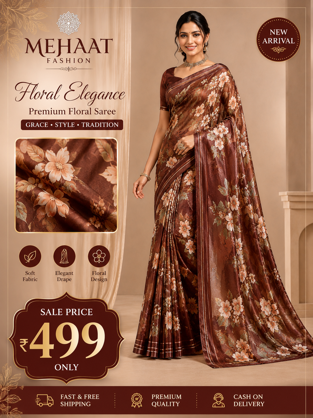 Designer Floral Satin Saree with Zari Stripes