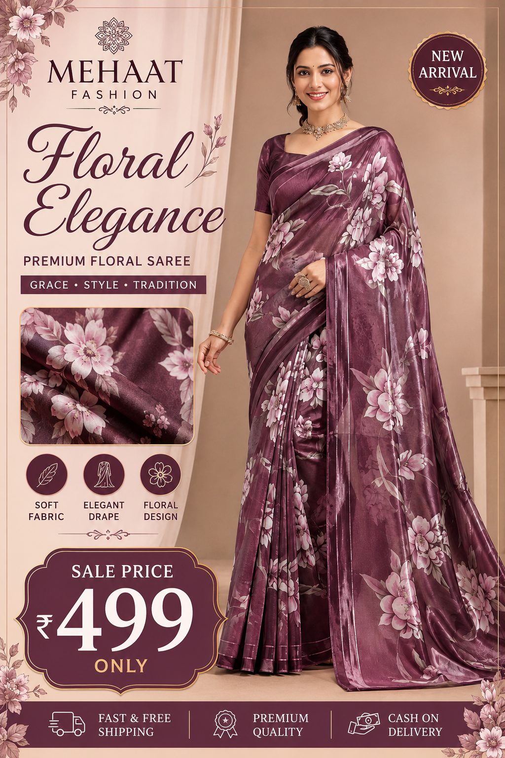Designer Floral Satin Saree with Zari Stripes