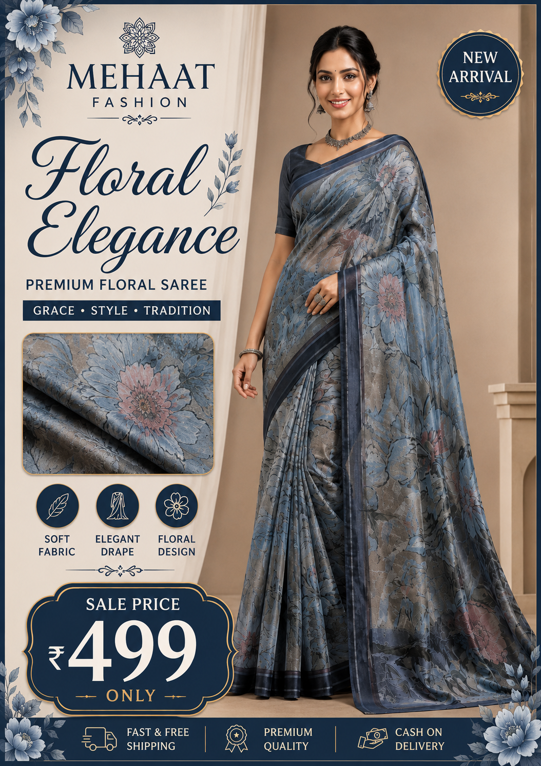 Designer Floral Satin Saree with Zari Stripes