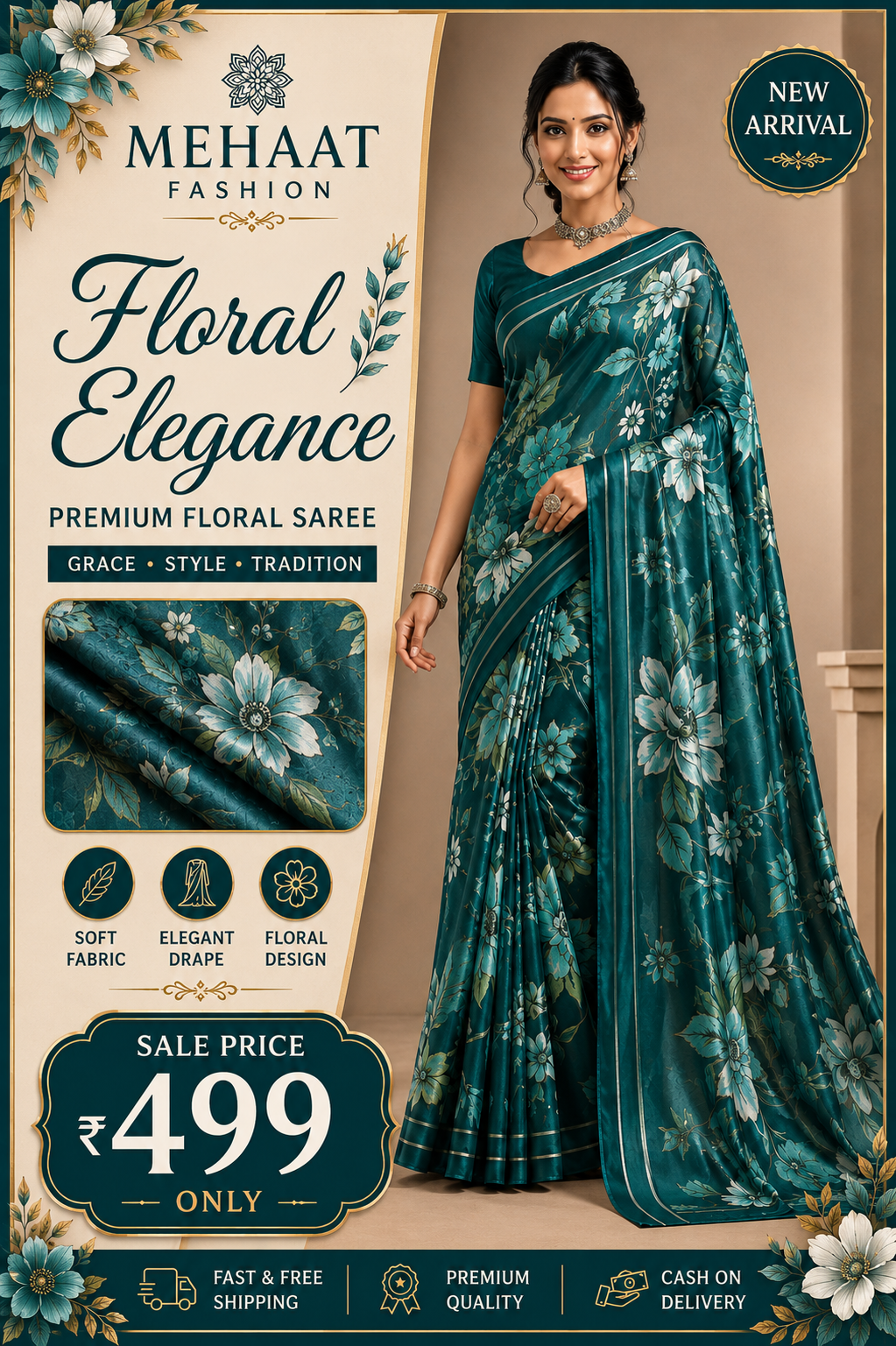 Designer Floral Satin Saree with Zari Stripes