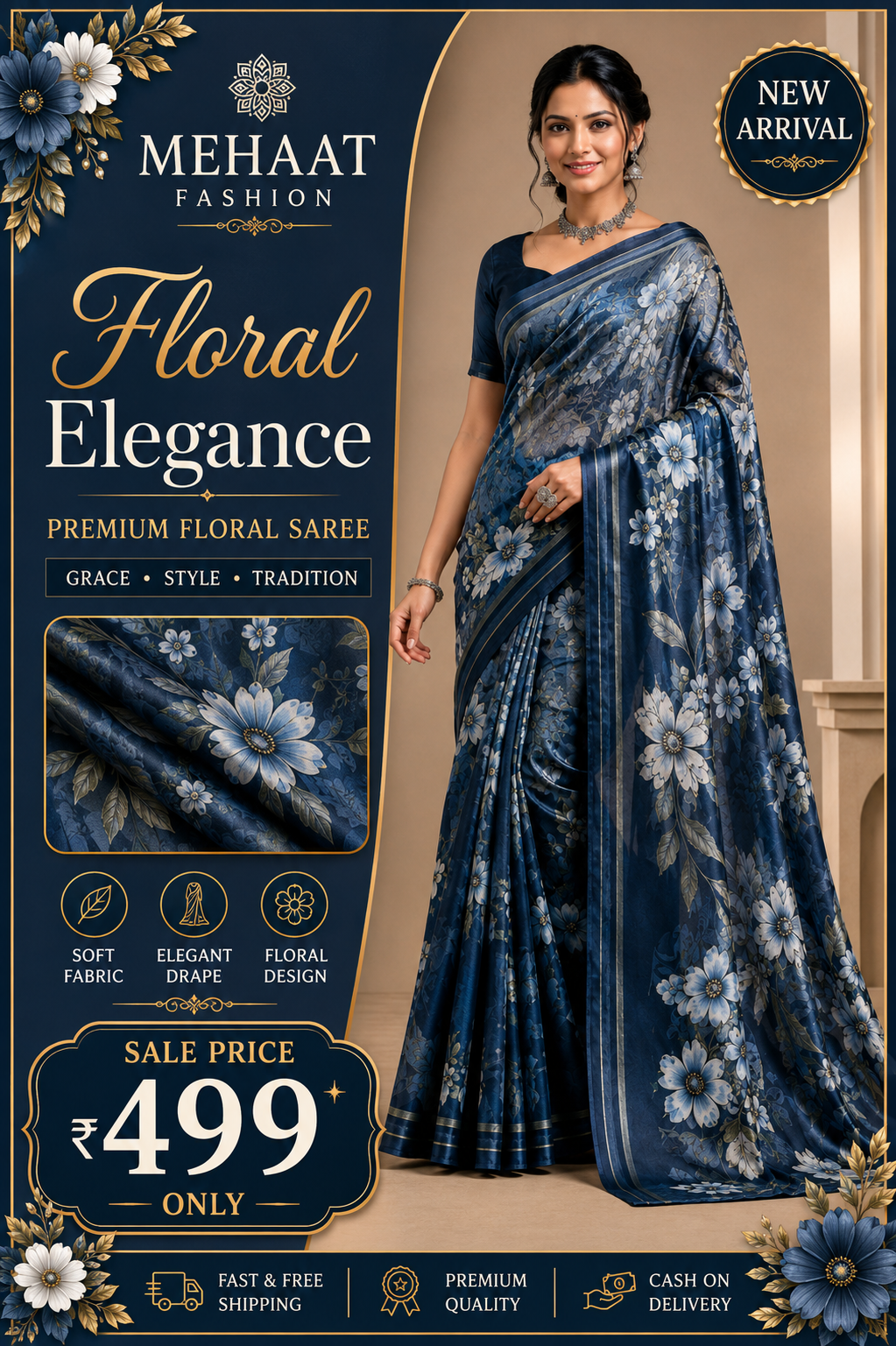 Designer Floral Satin Saree with Zari Stripes