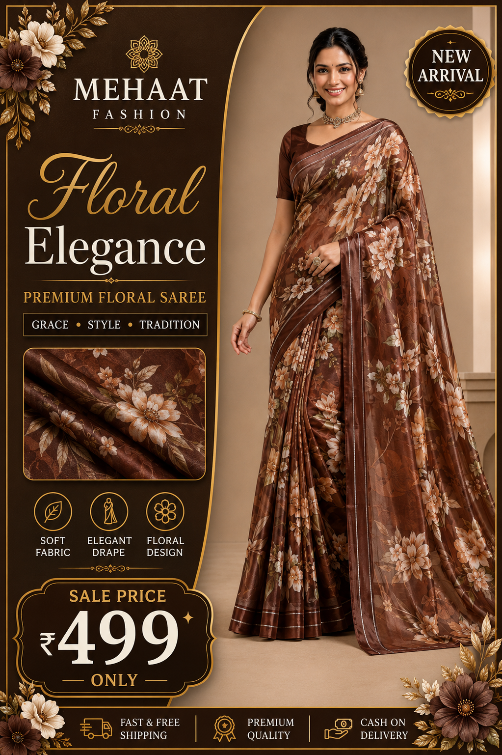 Designer Floral Satin Saree with Zari Stripes