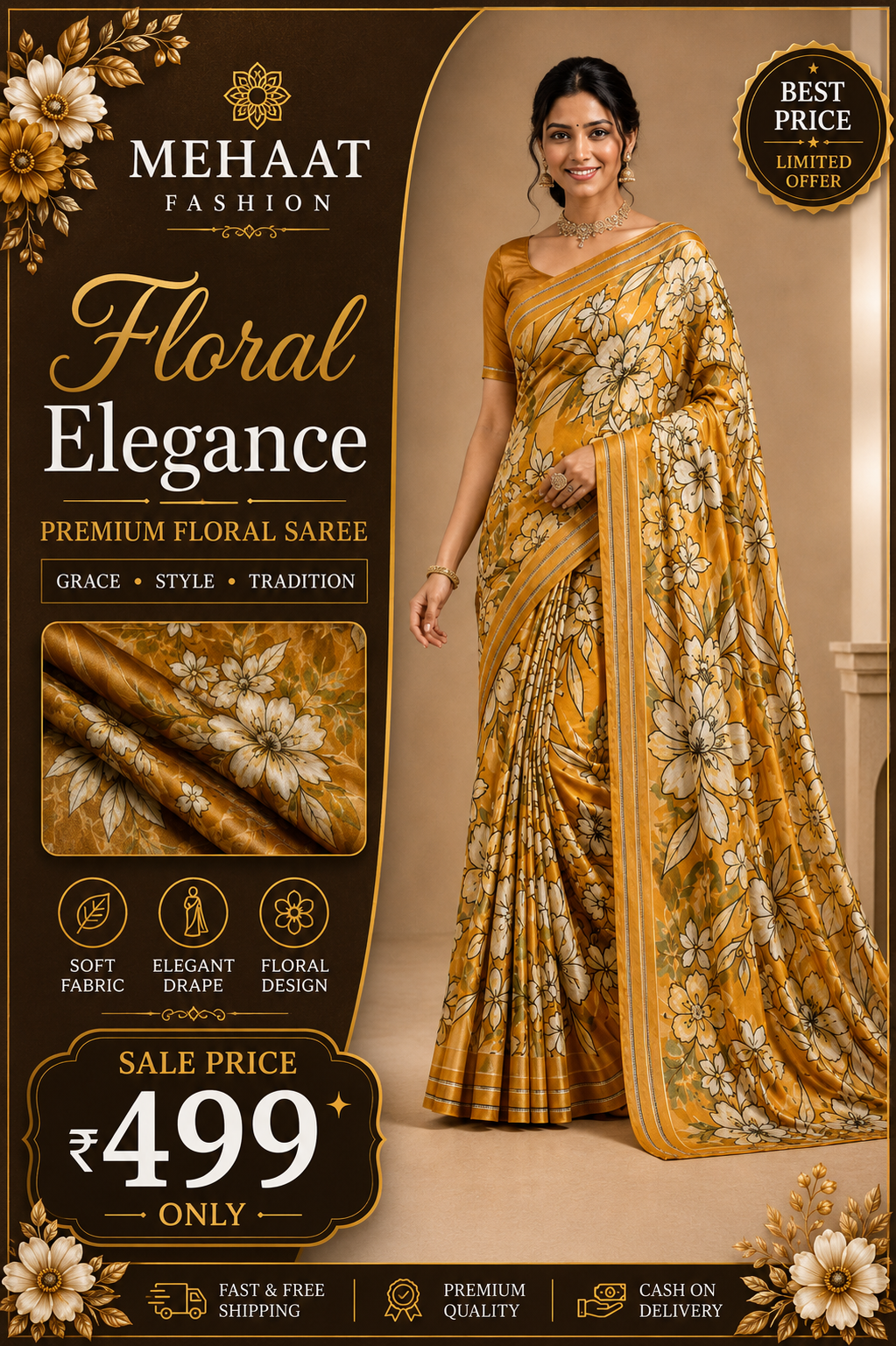 Designer Floral Satin Saree with Zari Stripes