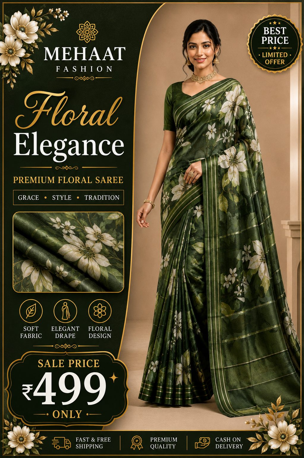 Designer Floral Satin Saree with Zari Stripes