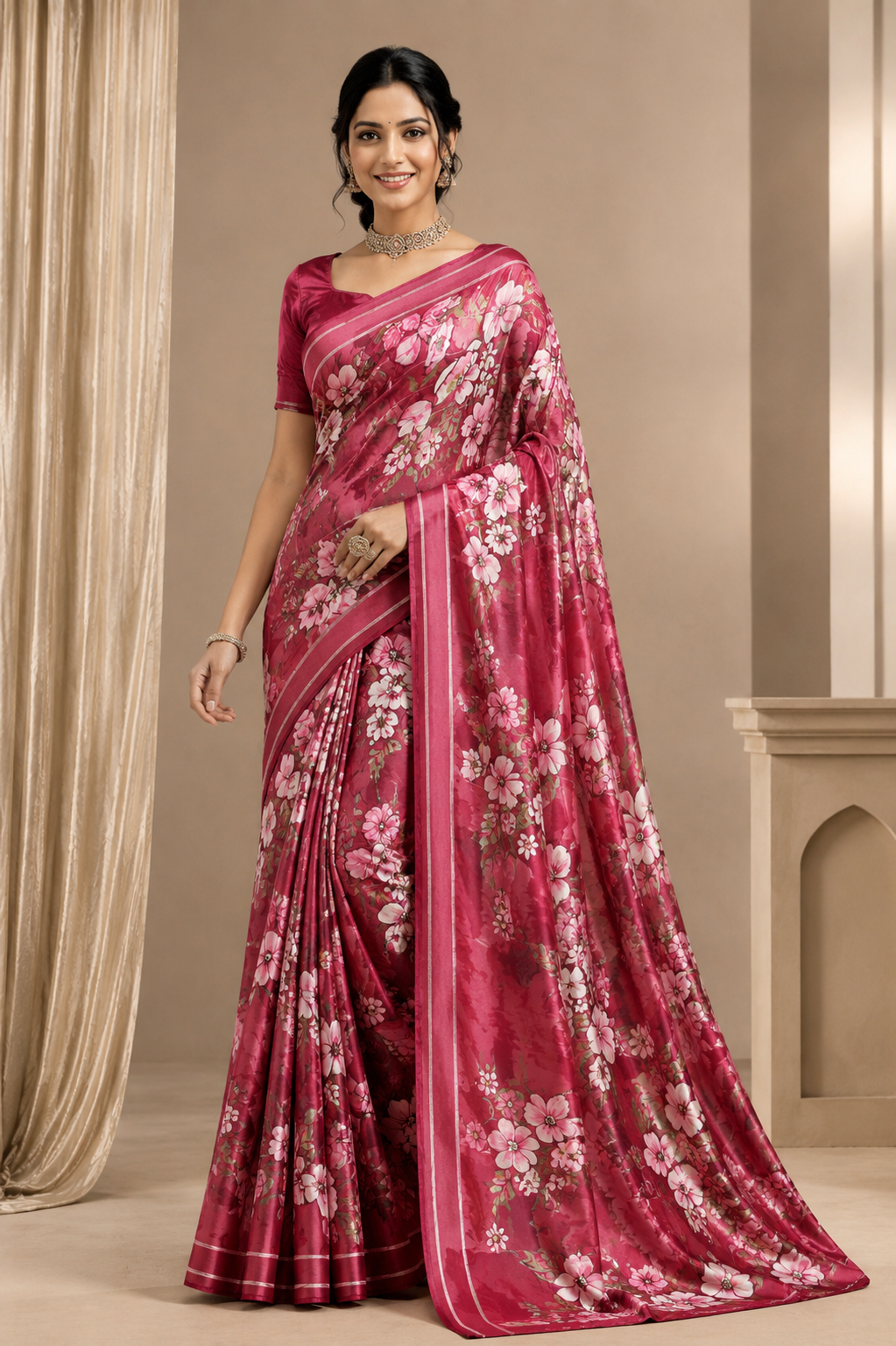 Designer Floral Satin Saree with Zari Stripes