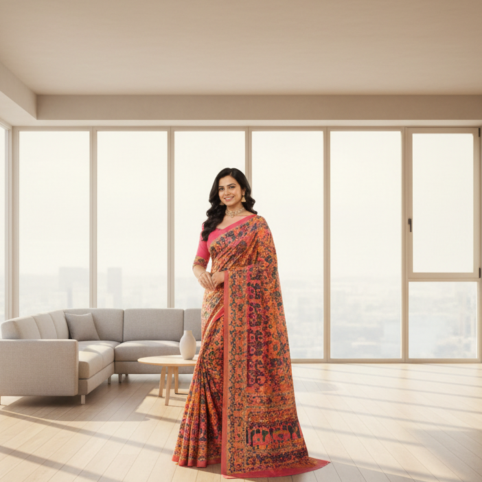 Pashmina Silk Saree with Multi Colored Digital Print