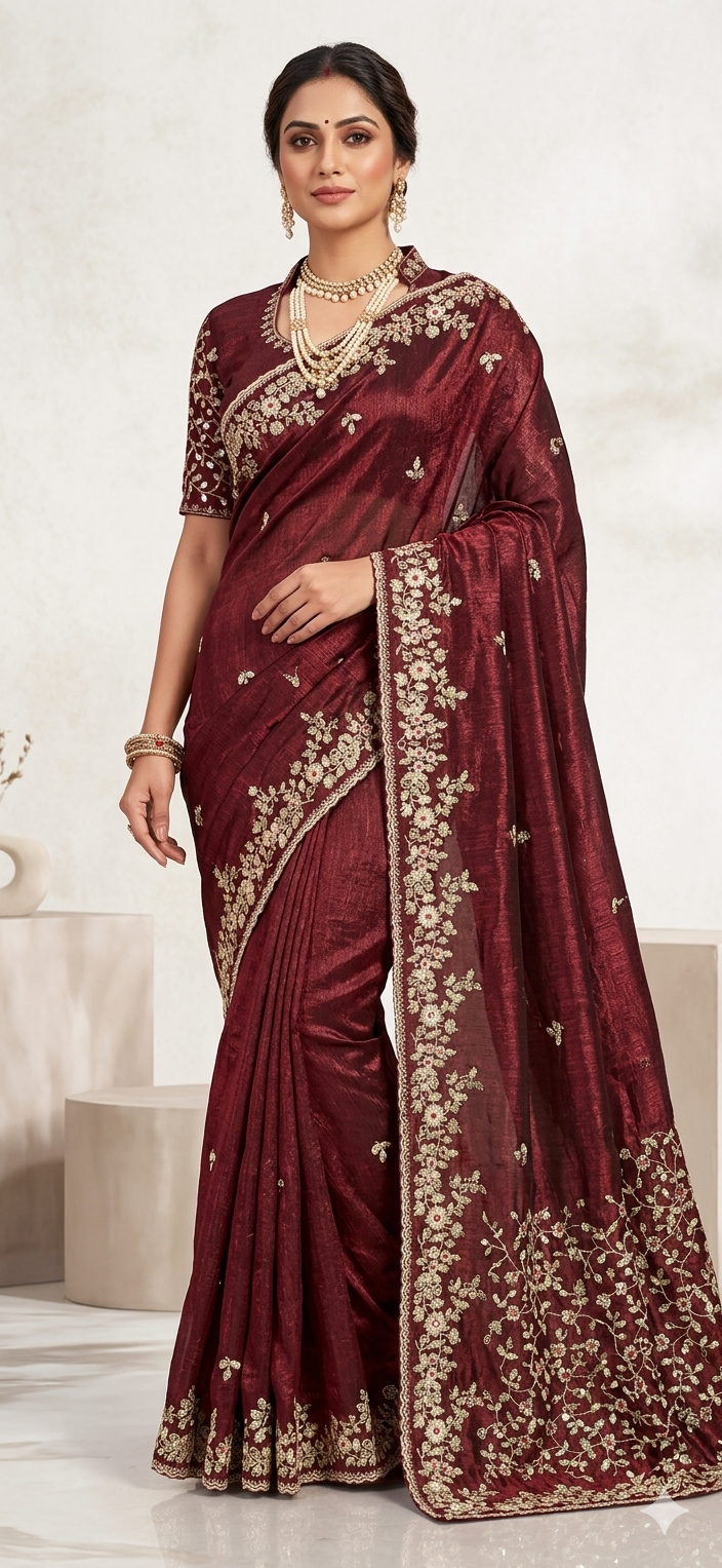 Jimmy Choo-Inspired Maroon Embellished Designer Saree