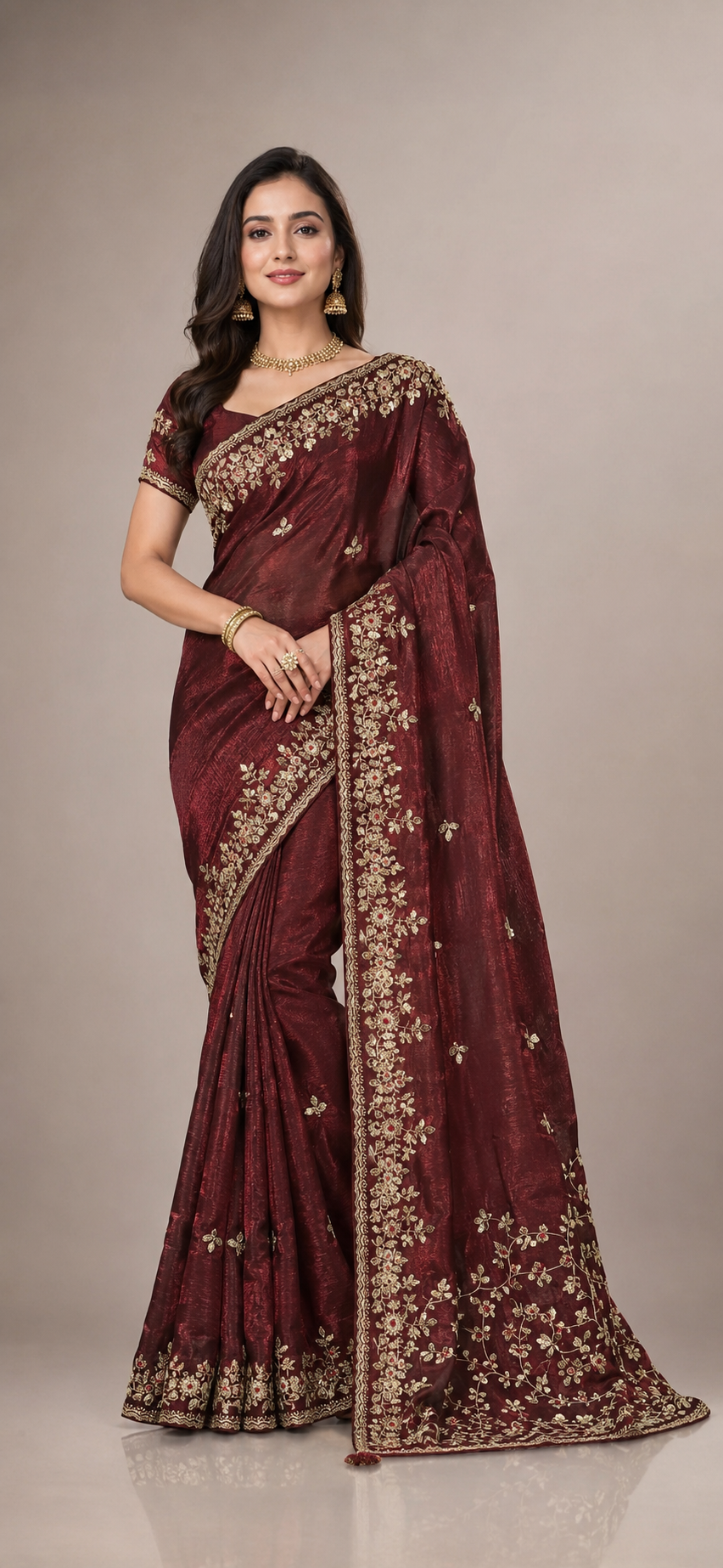 Jimmy Choo-Inspired Maroon Embellished Designer Saree