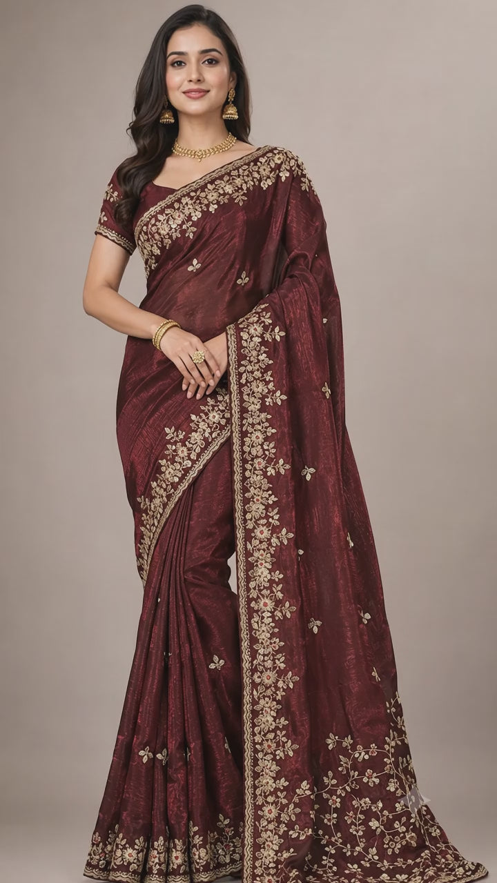 Jimmy Choo-Inspired Maroon Embellished Designer Saree